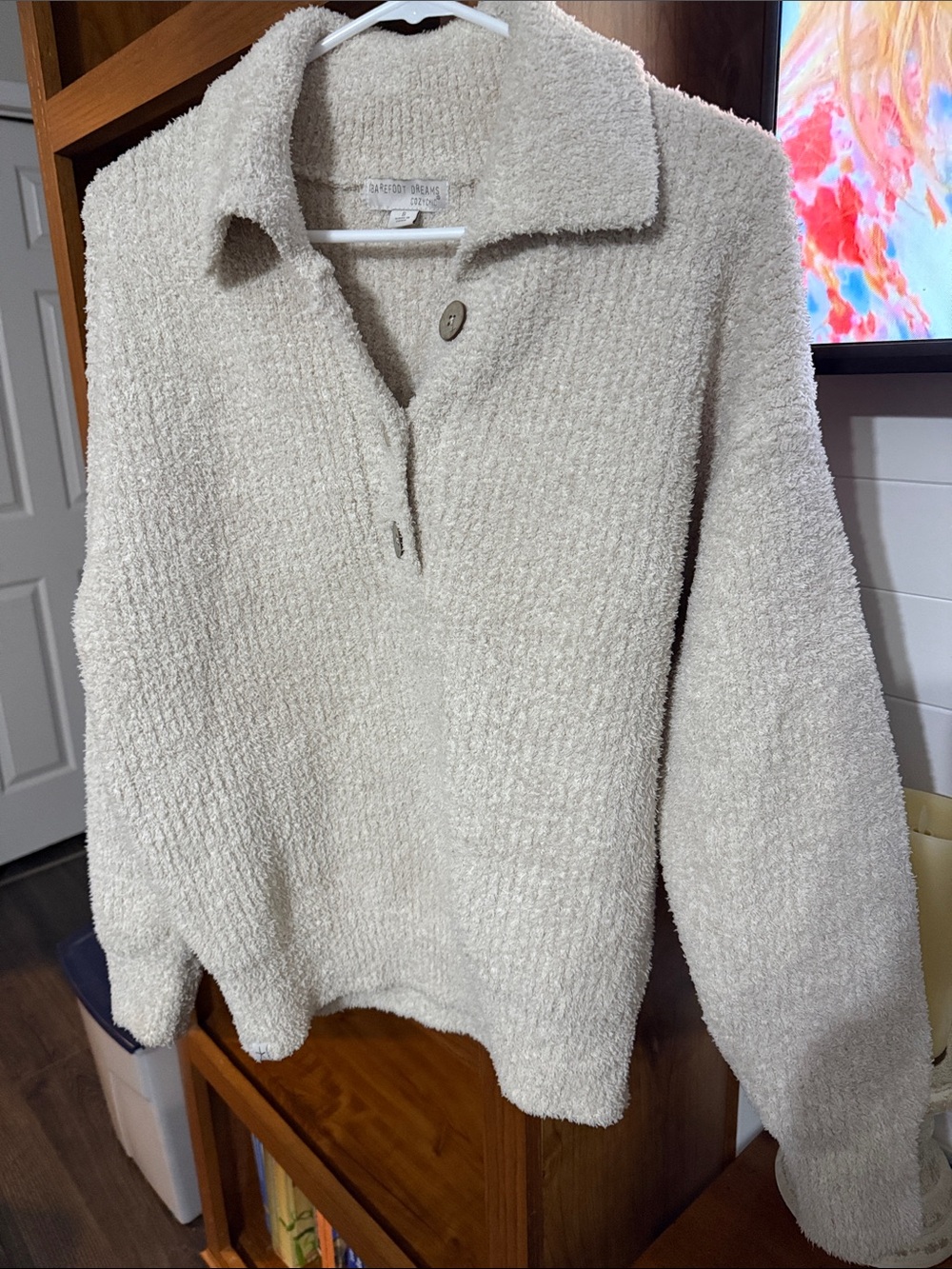 Barefoot Dreams Cream Cozy Button-Collar Sweater Pullover